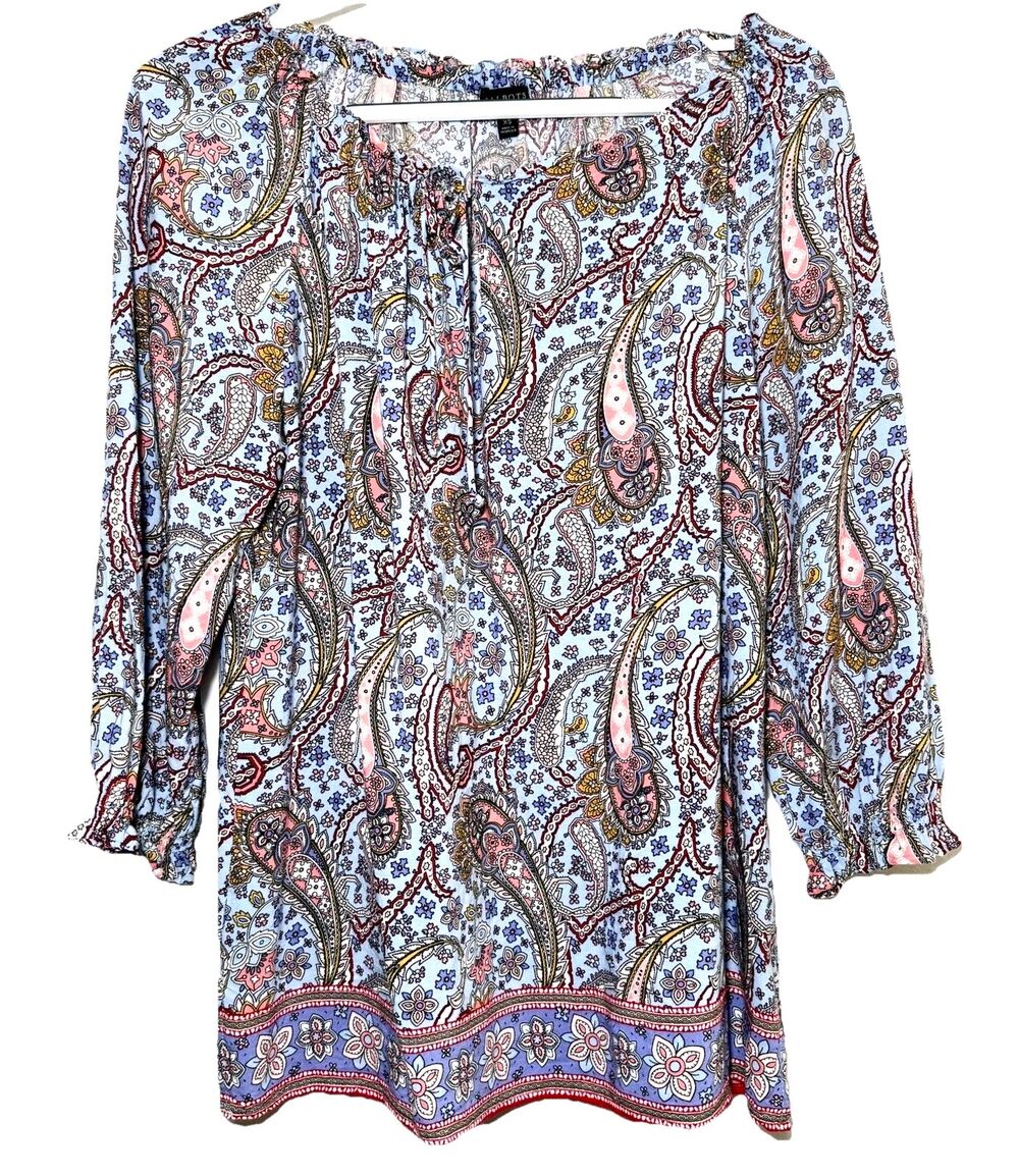 Talbots XS Blue Paisley Peasant Blouse 3/4 Sleeve Rayon Border Print Boho Top